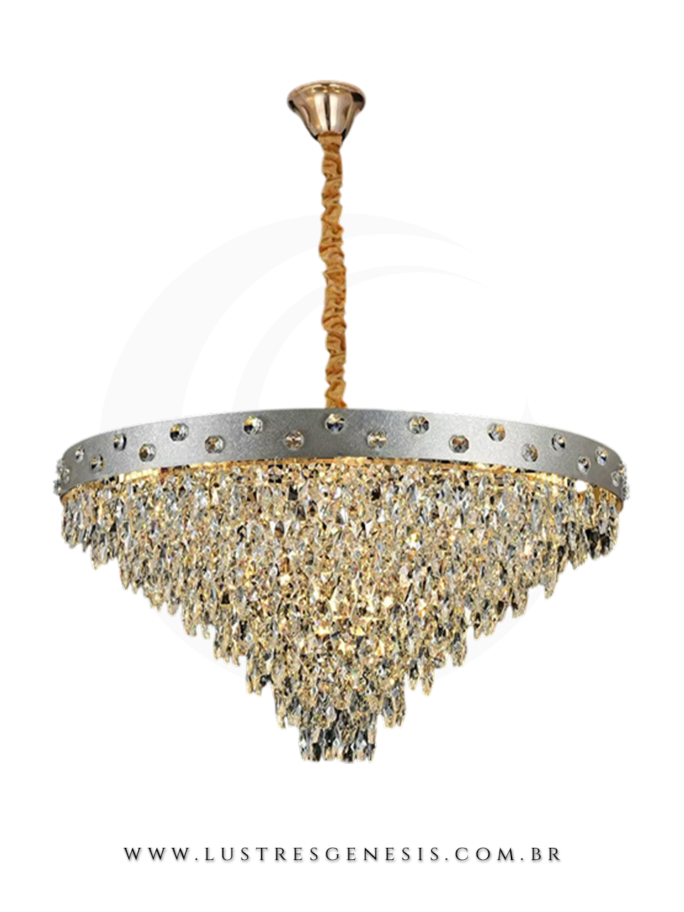 Lustre pendente dourado de cristal Bolty redondo grande &Oslash;80cm, ideal para sala de jantar ou estar, com design contempor&acirc;neo e acabamento sofisticado.